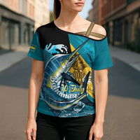 Personalized Bahamas Independence Day Cross Shoulder Shirt Happy 10 July Blue Marlin Coat Of Arms