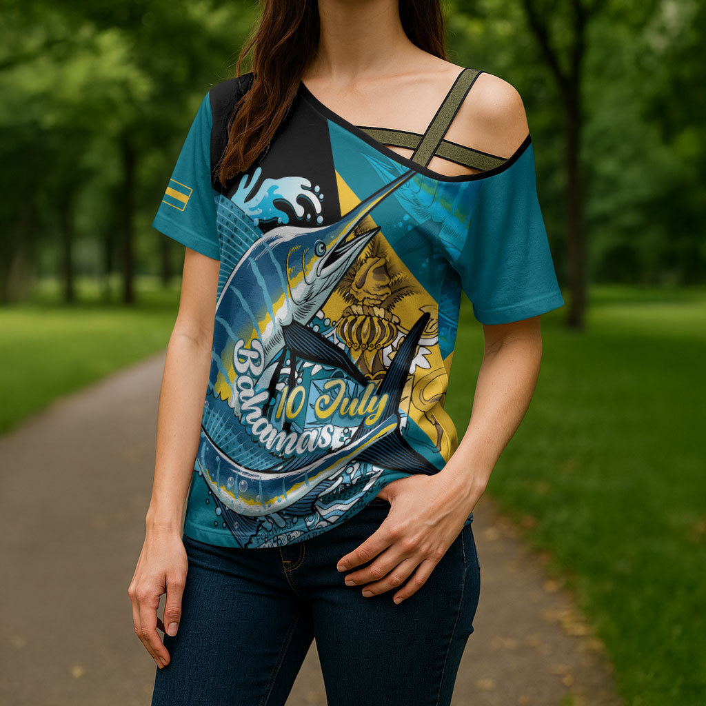 Personalized Bahamas Independence Day Cross Shoulder Shirt Happy 10 July Blue Marlin Coat Of Arms