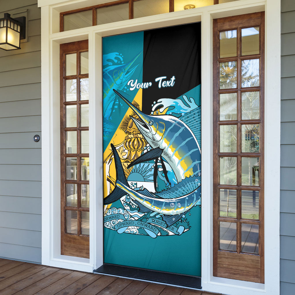 Personalized Bahamas Independence Day Door Cover Happy 10 July Blue Marlin Coat Of Arms