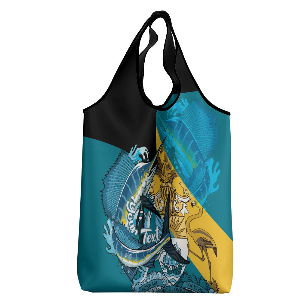 Personalized Bahamas Independence Day Grocery Bag Happy 10 July Blue Marlin Coat Of Arms