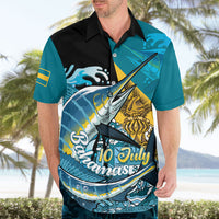 Personalized Bahamas Independence Day Hawaiian Shirt Happy 10 July Blue Marlin Coat Of Arms