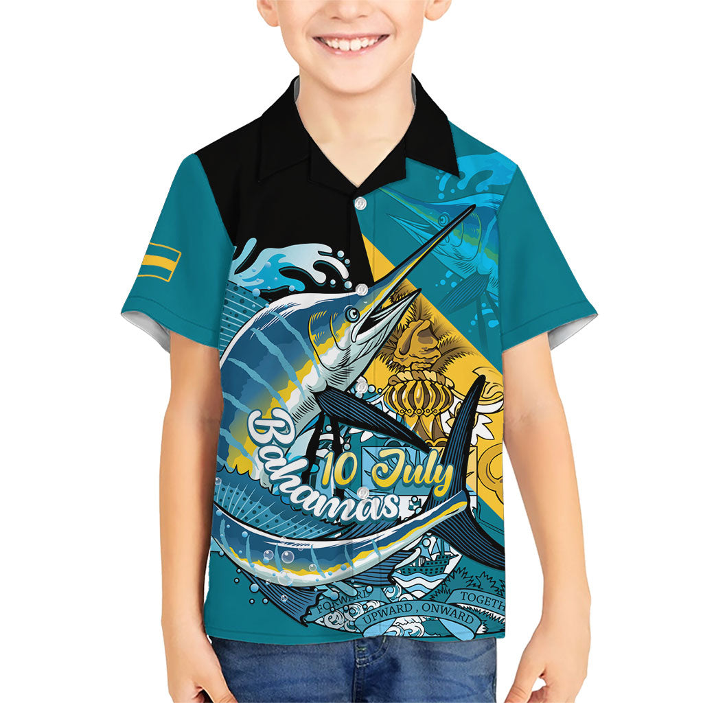 Personalized Bahamas Independence Day Hawaiian Shirt Happy 10 July Blue Marlin Coat Of Arms
