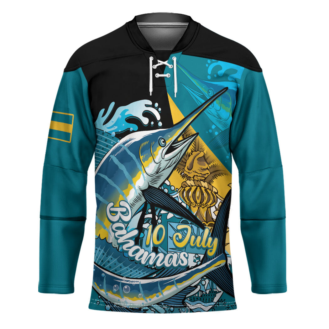 Personalized Bahamas Independence Day Hockey Jersey Happy 10 July Blue Marlin Coat Of Arms