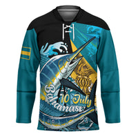 Personalized Bahamas Independence Day Hockey Jersey Happy 10 July Blue Marlin Coat Of Arms