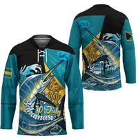 Personalized Bahamas Independence Day Hockey Jersey Happy 10 July Blue Marlin Coat Of Arms