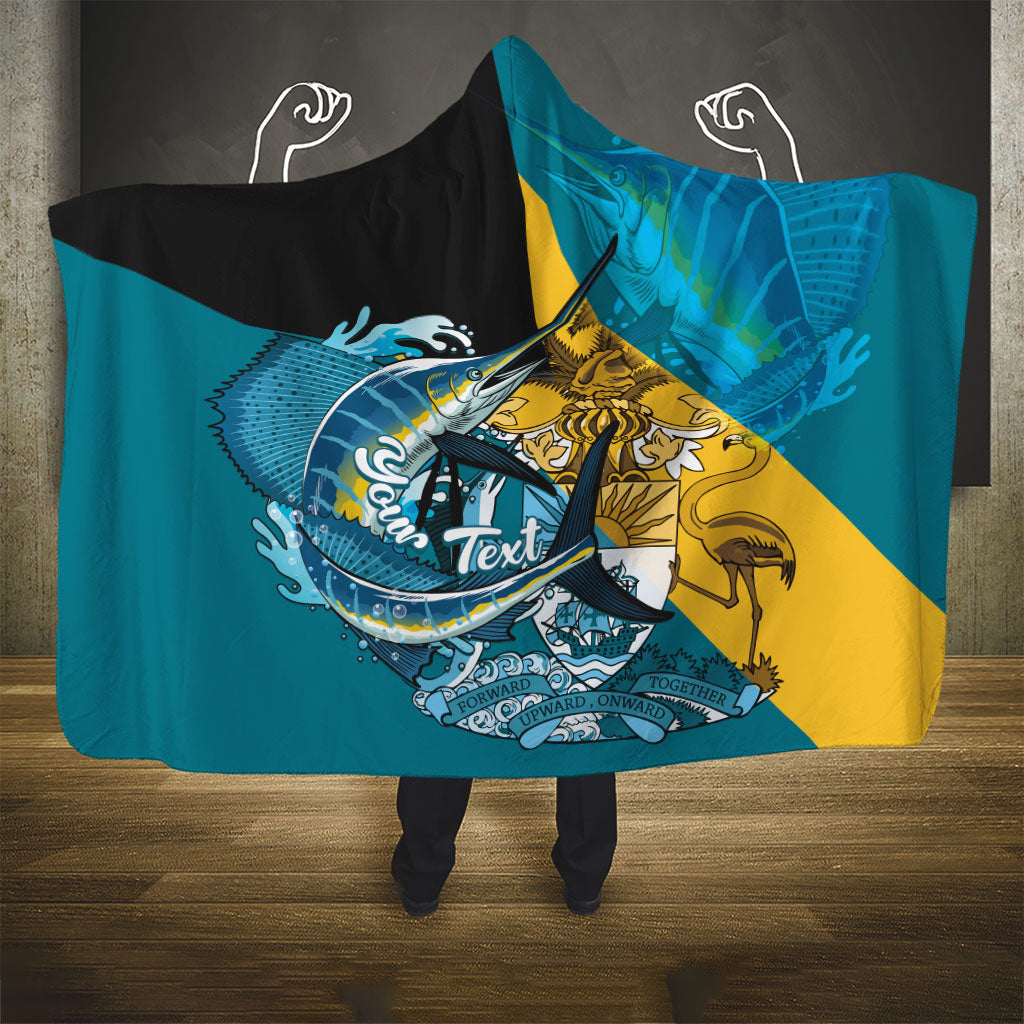Personalized Bahamas Independence Day Hooded Blanket Happy 10 July Blue Marlin Coat Of Arms