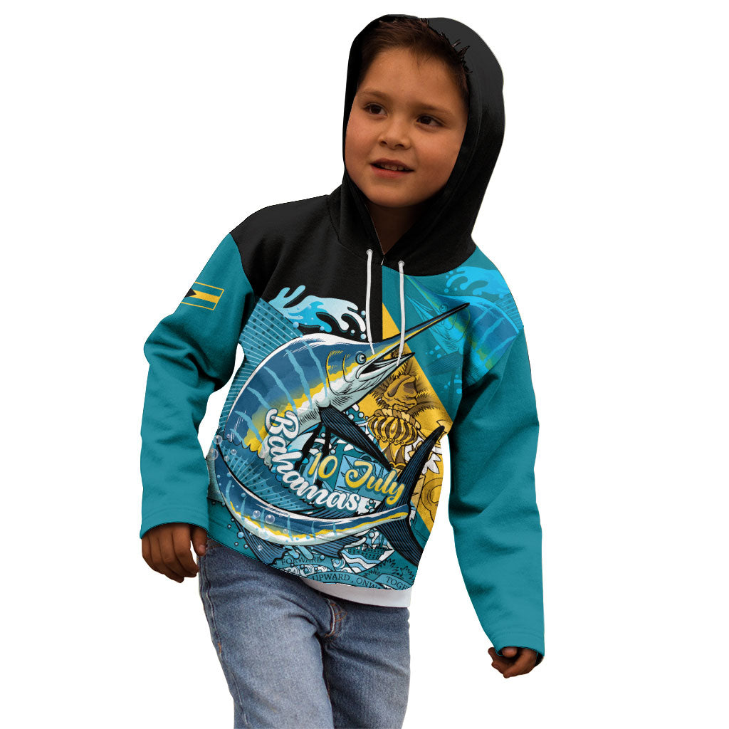Personalized Bahamas Independence Day Kid Hoodie Happy 10 July Blue Marlin Coat Of Arms
