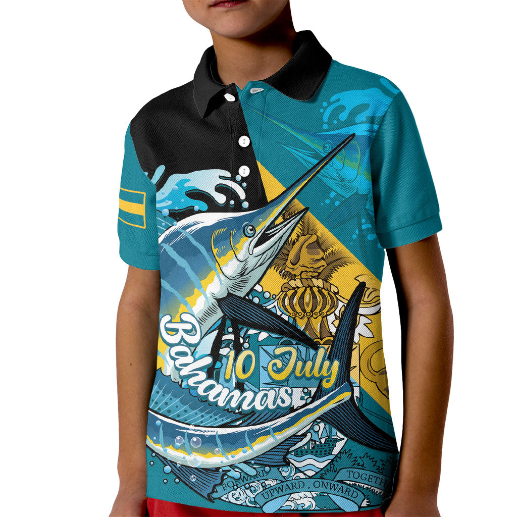 Personalized Bahamas Independence Day Kid Polo Shirt Happy 10 July Blue Marlin Coat Of Arms