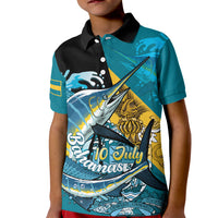 Personalized Bahamas Independence Day Kid Polo Shirt Happy 10 July Blue Marlin Coat Of Arms