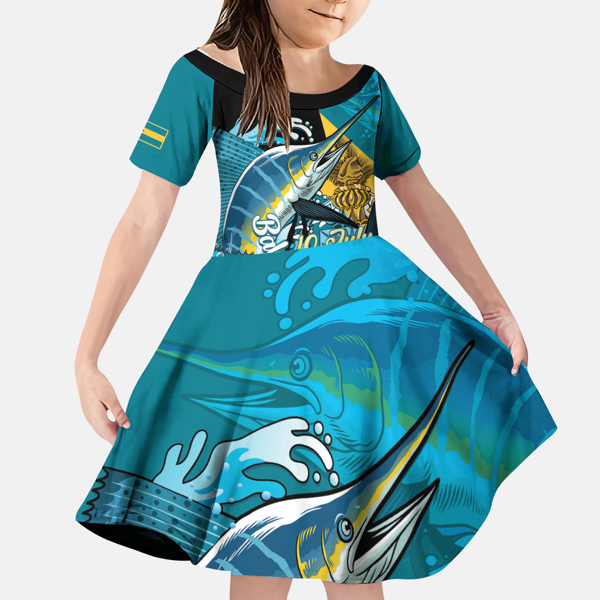 Personalized Bahamas Independence Day Kid Short Sleeve Dress Happy 10 July Blue Marlin Coat Of Arms