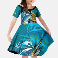 Personalized Bahamas Independence Day Kid Short Sleeve Dress Happy 10 July Blue Marlin Coat Of Arms