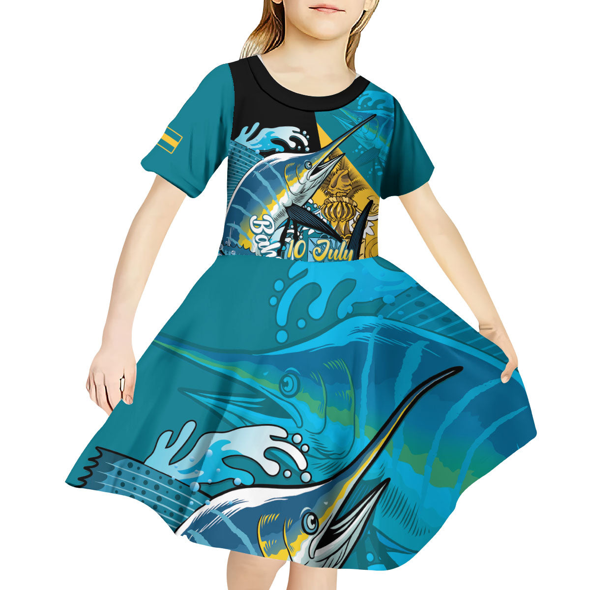 Personalized Bahamas Independence Day Kid Short Sleeve Dress Happy 10 July Blue Marlin Coat Of Arms