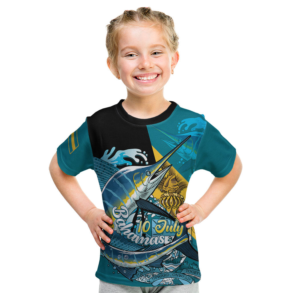 Personalized Bahamas Independence Day Kid T Shirt Happy 10 July Blue Marlin Coat Of Arms