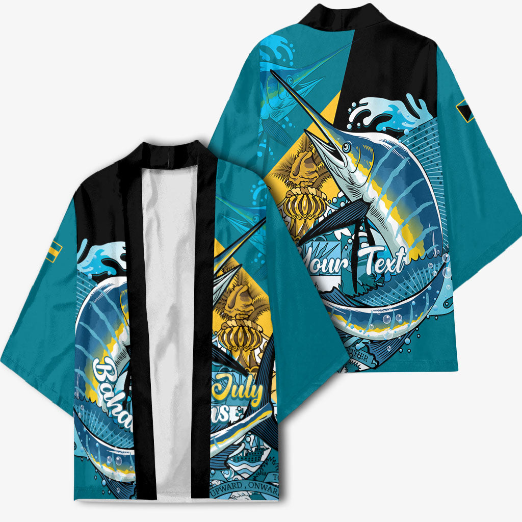 Personalized Bahamas Independence Day Kimono Happy 10 July Blue Marlin Coat Of Arms