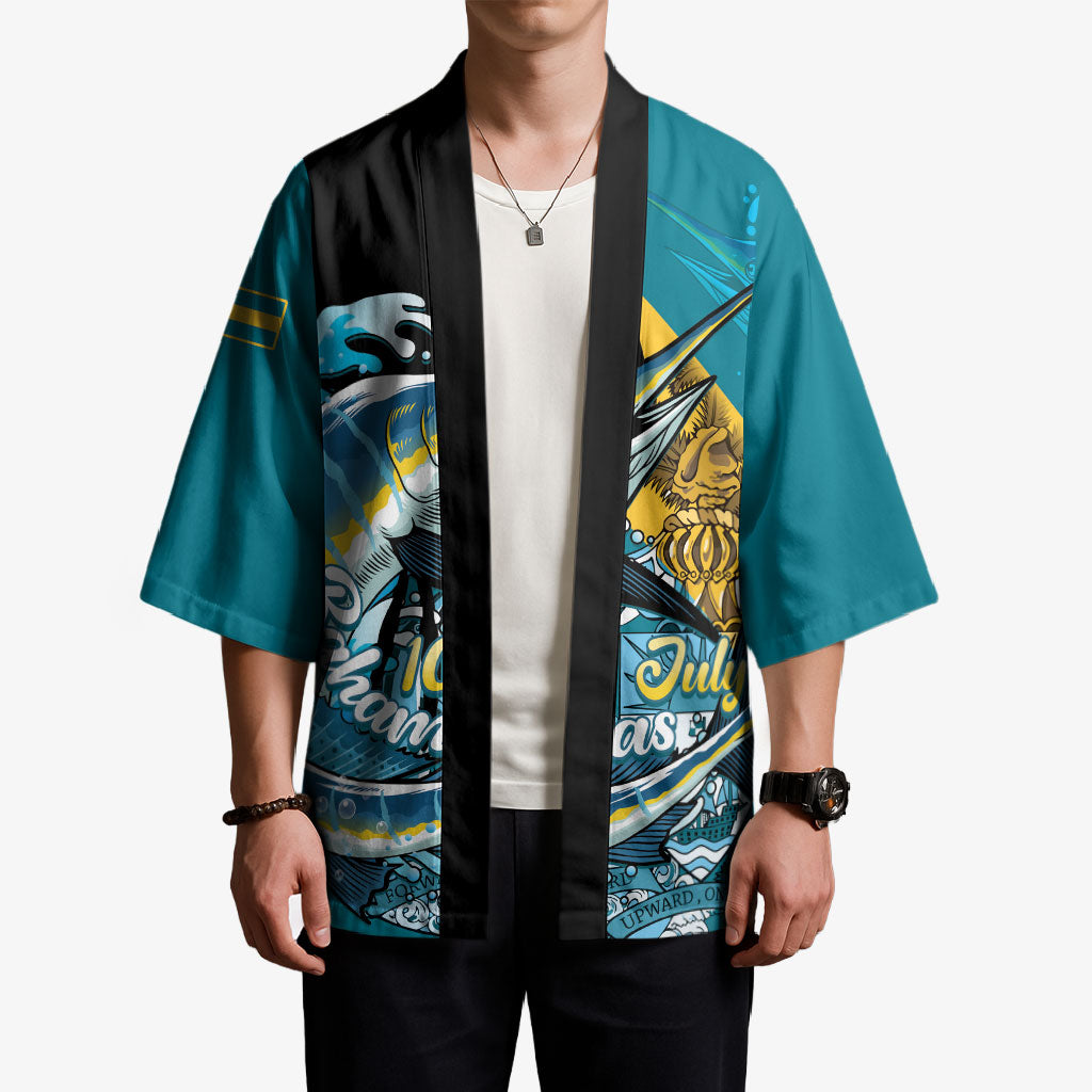 Personalized Bahamas Independence Day Kimono Happy 10 July Blue Marlin Coat Of Arms