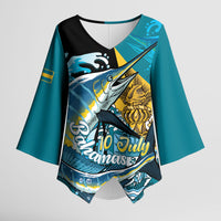 Personalized Bahamas Independence Day Kimono Sleeve Blouse Happy 10 July Blue Marlin Coat Of Arms