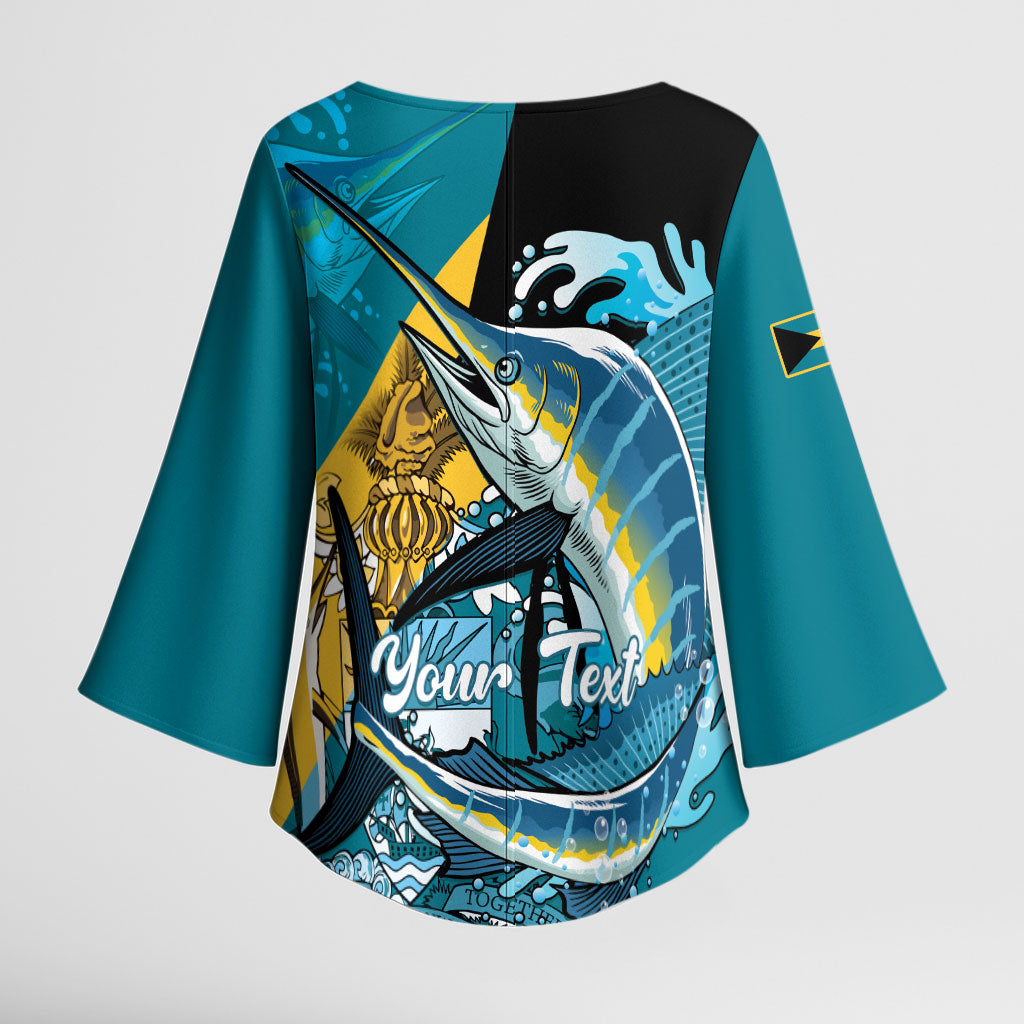 Personalized Bahamas Independence Day Kimono Sleeve Blouse Happy 10 July Blue Marlin Coat Of Arms