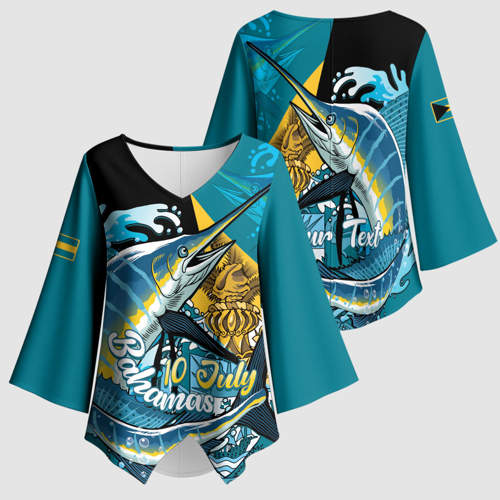 Personalized Bahamas Independence Day Kimono Sleeve Blouse Happy 10 July Blue Marlin Coat Of Arms