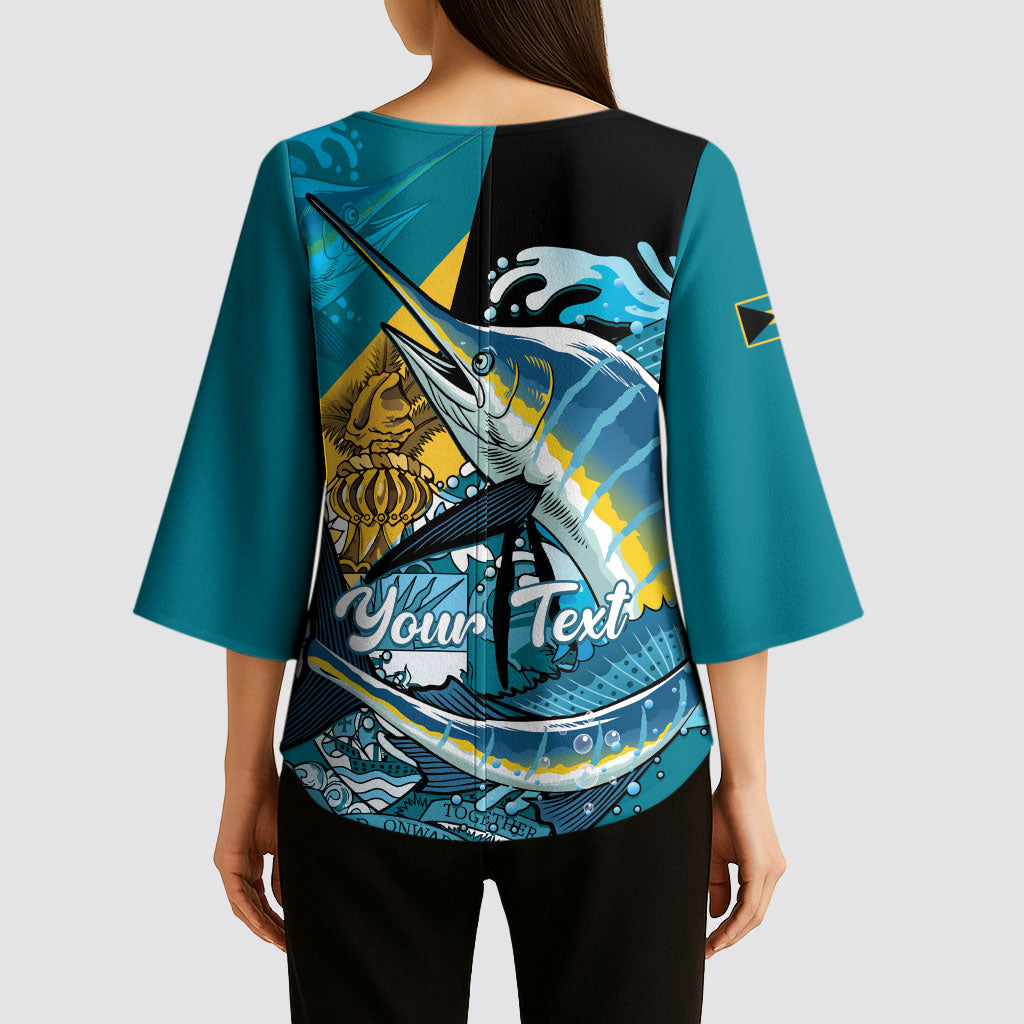 Personalized Bahamas Independence Day Kimono Sleeve Blouse Happy 10 July Blue Marlin Coat Of Arms