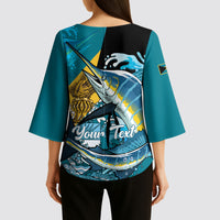 Personalized Bahamas Independence Day Kimono Sleeve Blouse Happy 10 July Blue Marlin Coat Of Arms