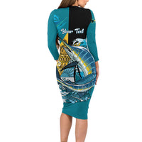 Personalized Bahamas Independence Day Long Sleeve Bodycon Dress Happy 10 July Blue Marlin Coat Of Arms