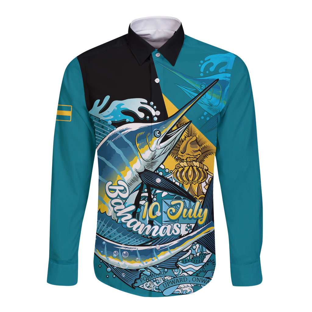 Personalized Bahamas Independence Day Long Sleeve Button Shirt Happy 10 July Blue Marlin Coat Of Arms