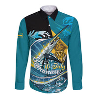 Personalized Bahamas Independence Day Long Sleeve Button Shirt Happy 10 July Blue Marlin Coat Of Arms