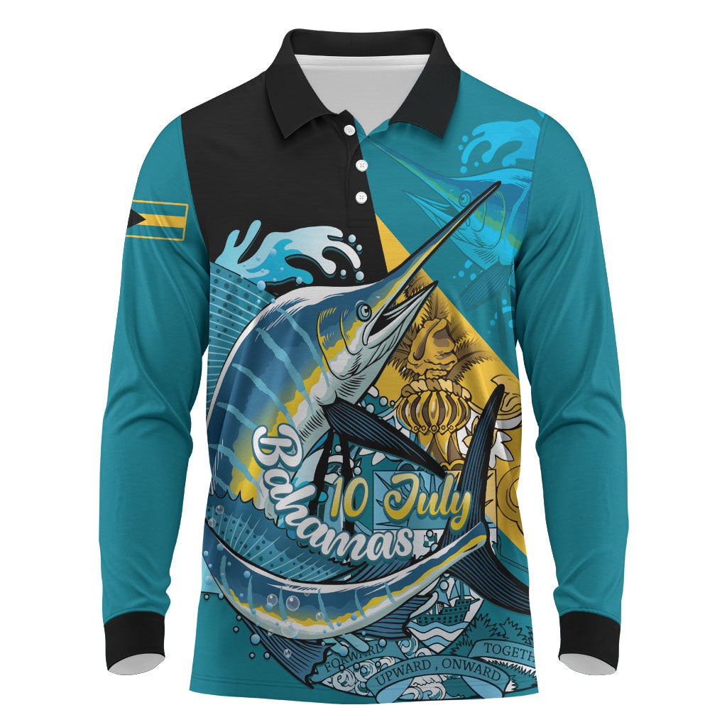 Personalized Bahamas Independence Day Long Sleeve Polo Shirt Happy 10 July Blue Marlin Coat Of Arms