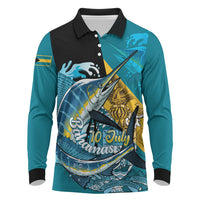 Personalized Bahamas Independence Day Long Sleeve Polo Shirt Happy 10 July Blue Marlin Coat Of Arms