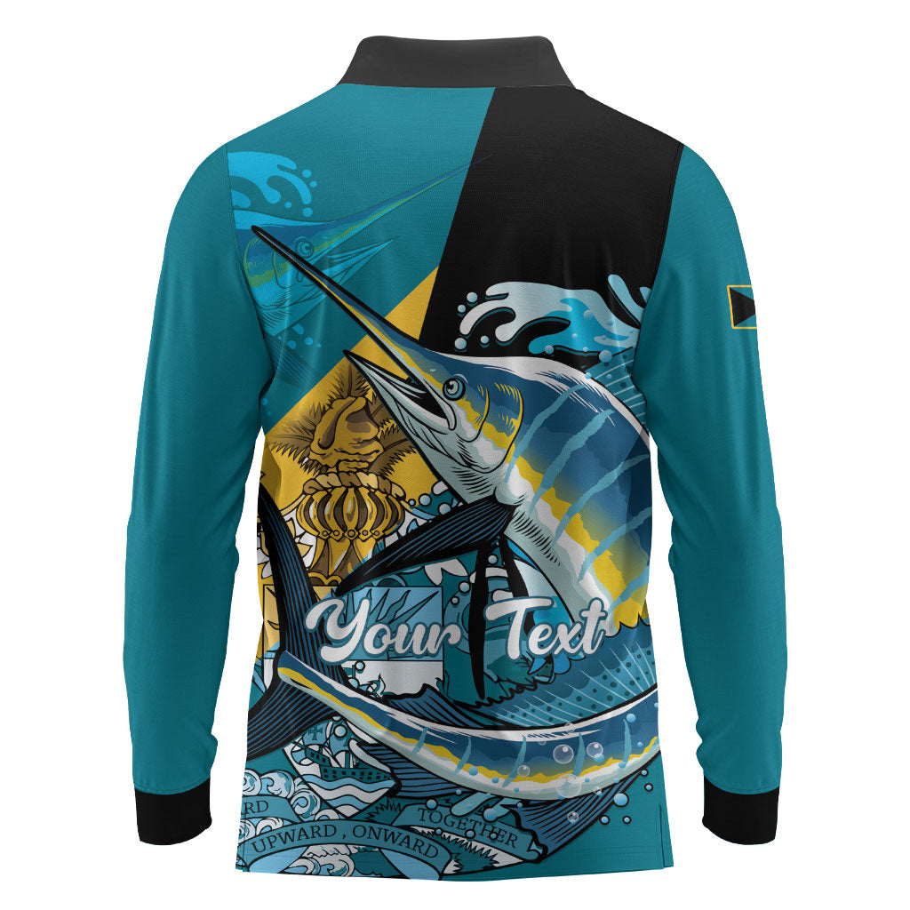 Personalized Bahamas Independence Day Long Sleeve Polo Shirt Happy 10 July Blue Marlin Coat Of Arms