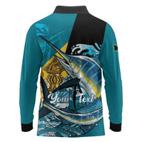 Personalized Bahamas Independence Day Long Sleeve Polo Shirt Happy 10 July Blue Marlin Coat Of Arms