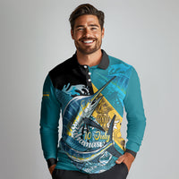 Personalized Bahamas Independence Day Long Sleeve Polo Shirt Happy 10 July Blue Marlin Coat Of Arms