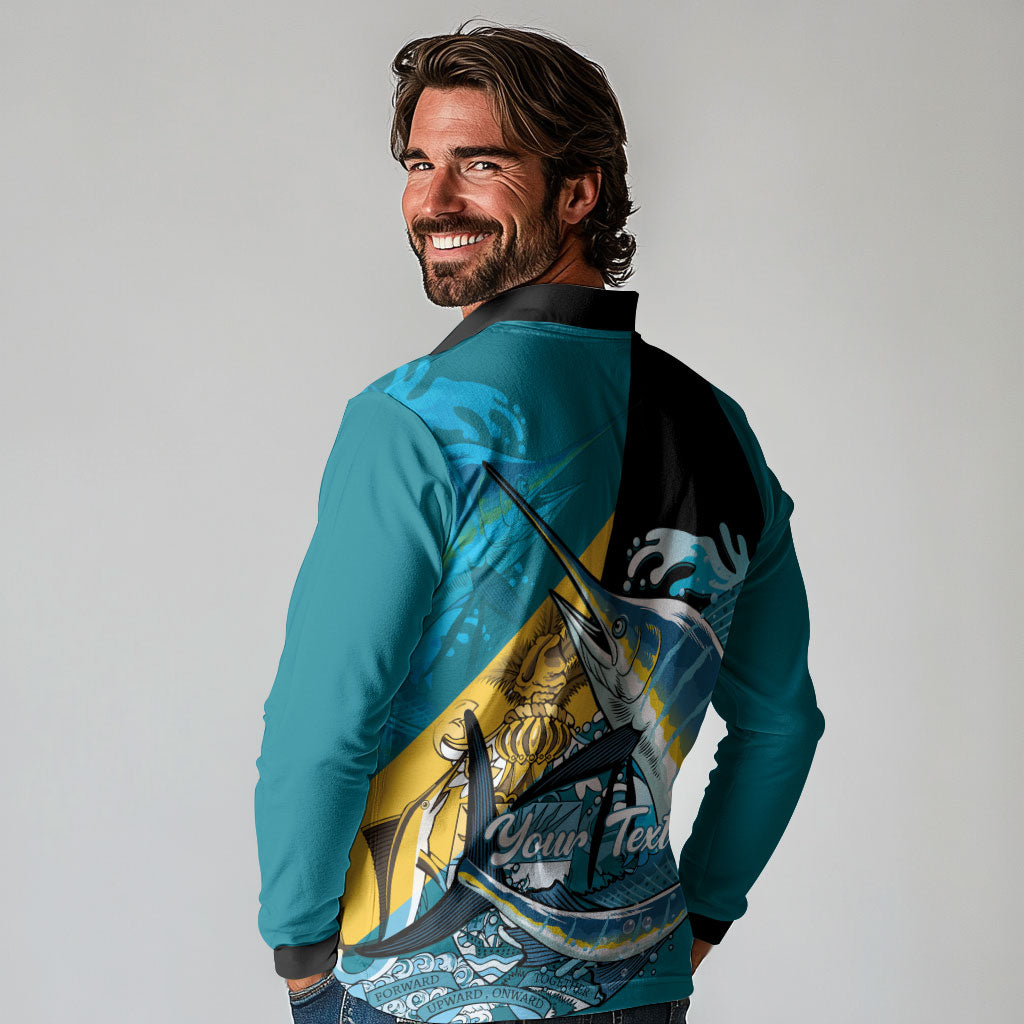 Personalized Bahamas Independence Day Long Sleeve Polo Shirt Happy 10 July Blue Marlin Coat Of Arms