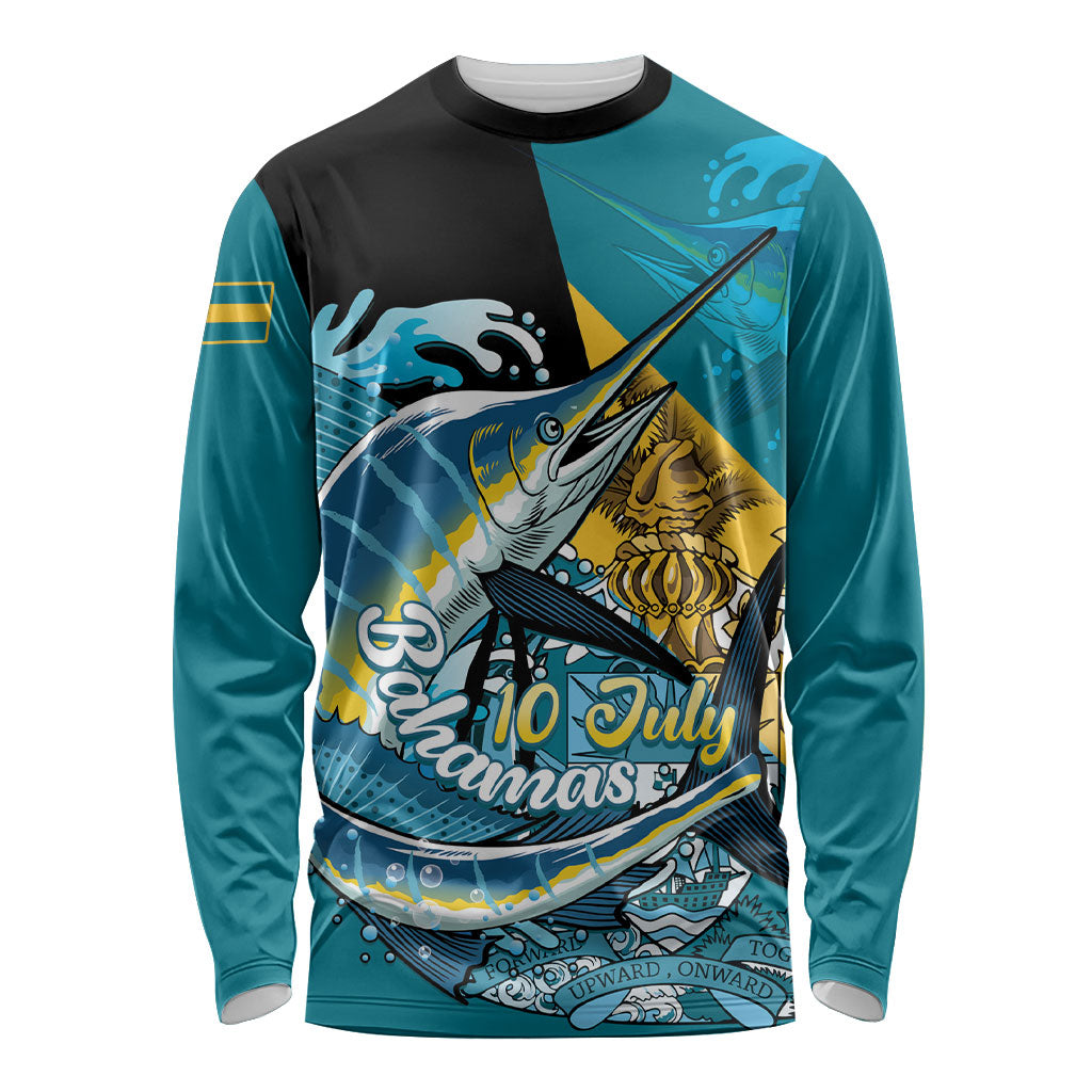 Personalized Bahamas Independence Day Long Sleeve Shirt Happy 10 July Blue Marlin Coat Of Arms