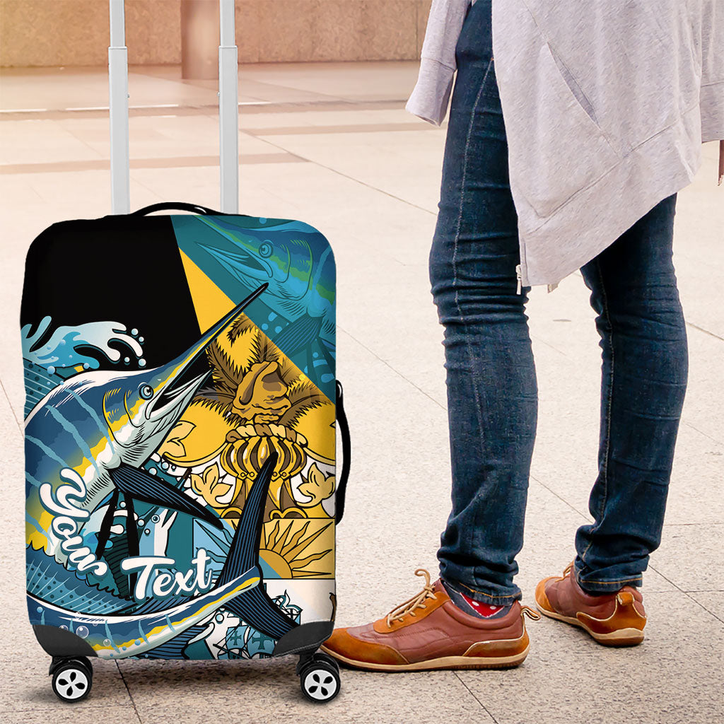 Personalized Bahamas Independence Day Luggage Cover Happy 10 July Blue Marlin Coat Of Arms
