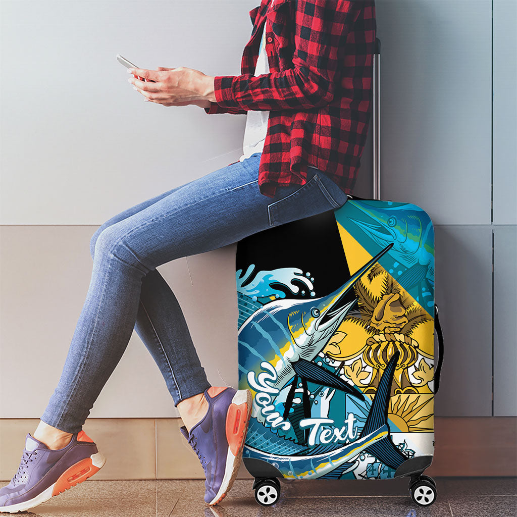 Personalized Bahamas Independence Day Luggage Cover Happy 10 July Blue Marlin Coat Of Arms