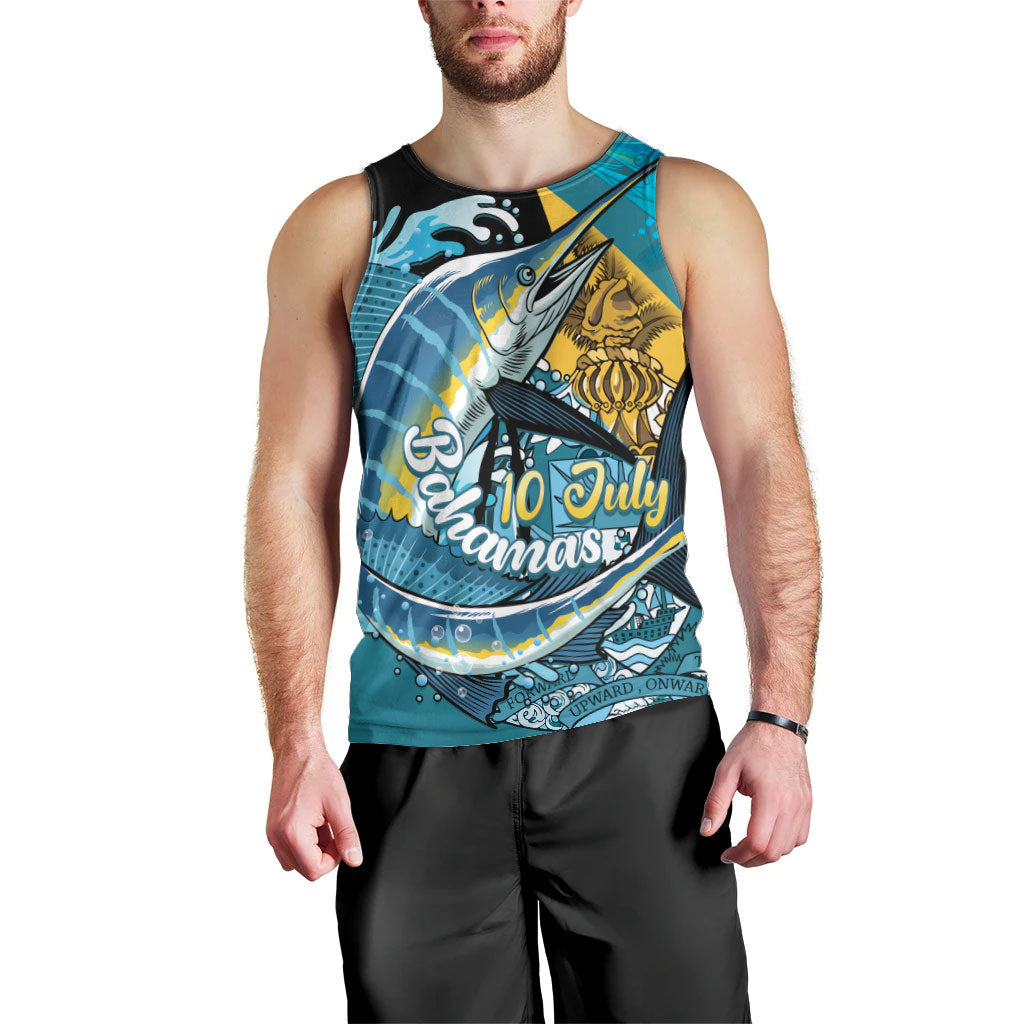 Personalized Bahamas Independence Day Men Tank Top Happy 10 July Blue Marlin Coat Of Arms