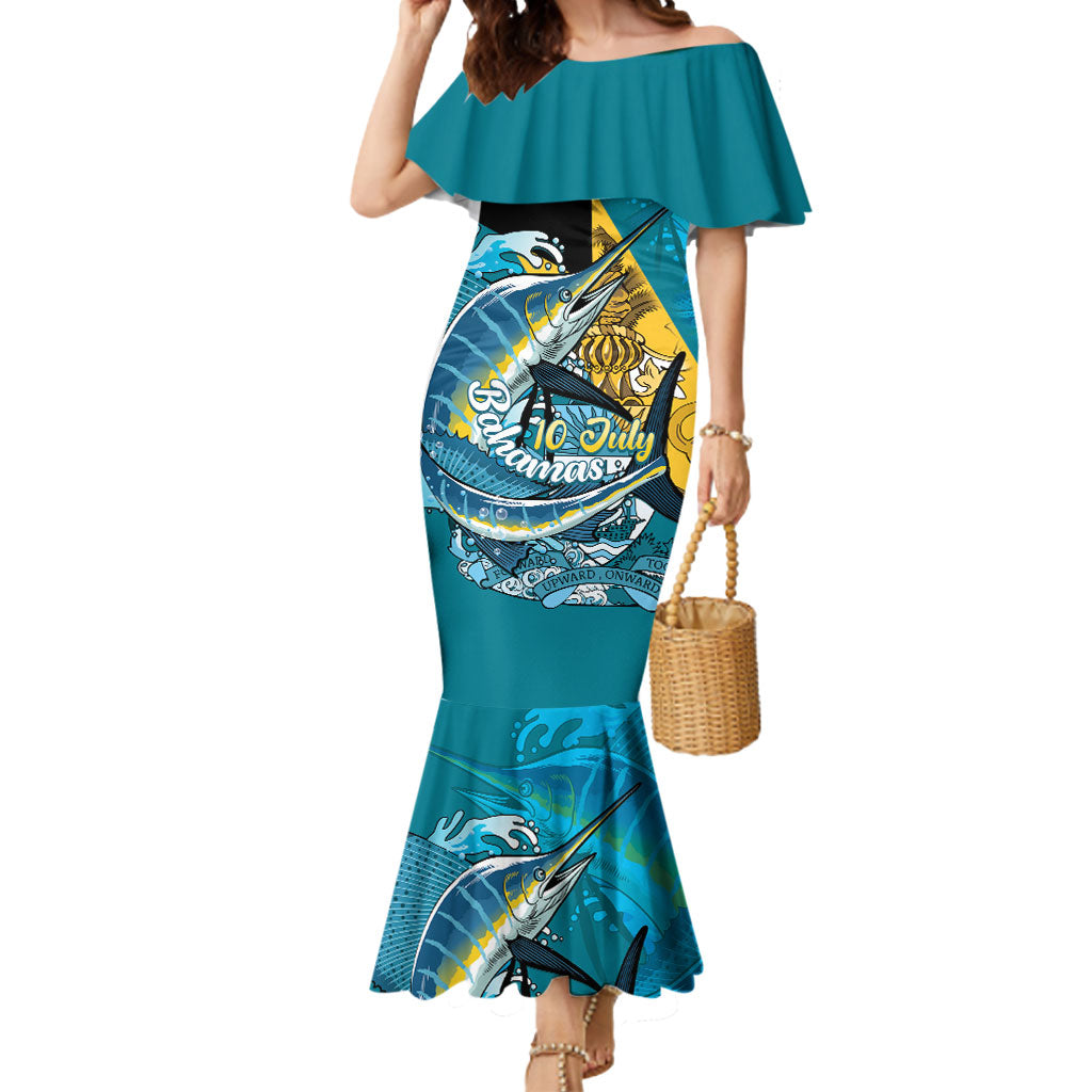 Personalized Bahamas Independence Day Mermaid Dress Happy 10 July Blue Marlin Coat Of Arms