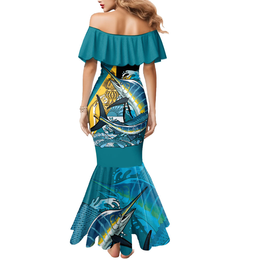 Personalized Bahamas Independence Day Mermaid Dress Happy 10 July Blue Marlin Coat Of Arms