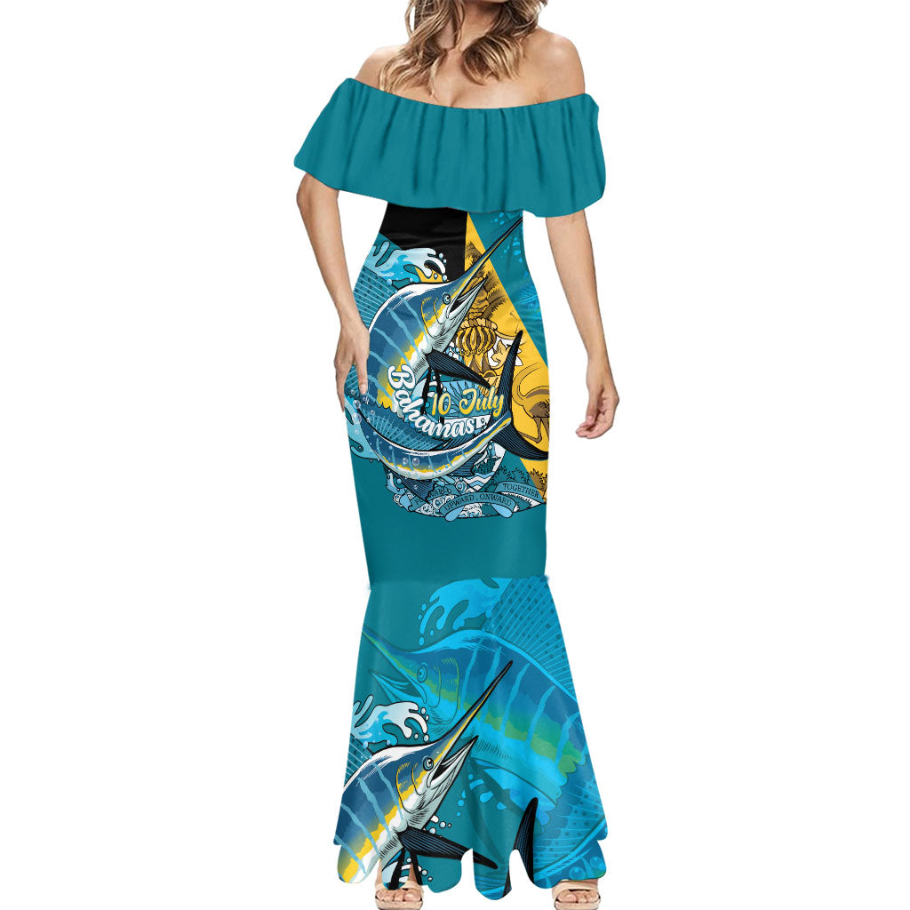 Personalized Bahamas Independence Day Mermaid Dress Happy 10 July Blue Marlin Coat Of Arms