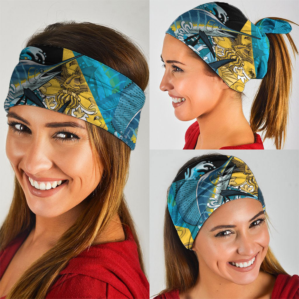 Personalized Bahamas Independence Day Neck Gaiter Happy 10 July Blue Marlin Coat Of Arms