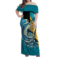Personalized Bahamas Independence Day Off Shoulder Maxi Dress Happy 10 July Blue Marlin Coat Of Arms