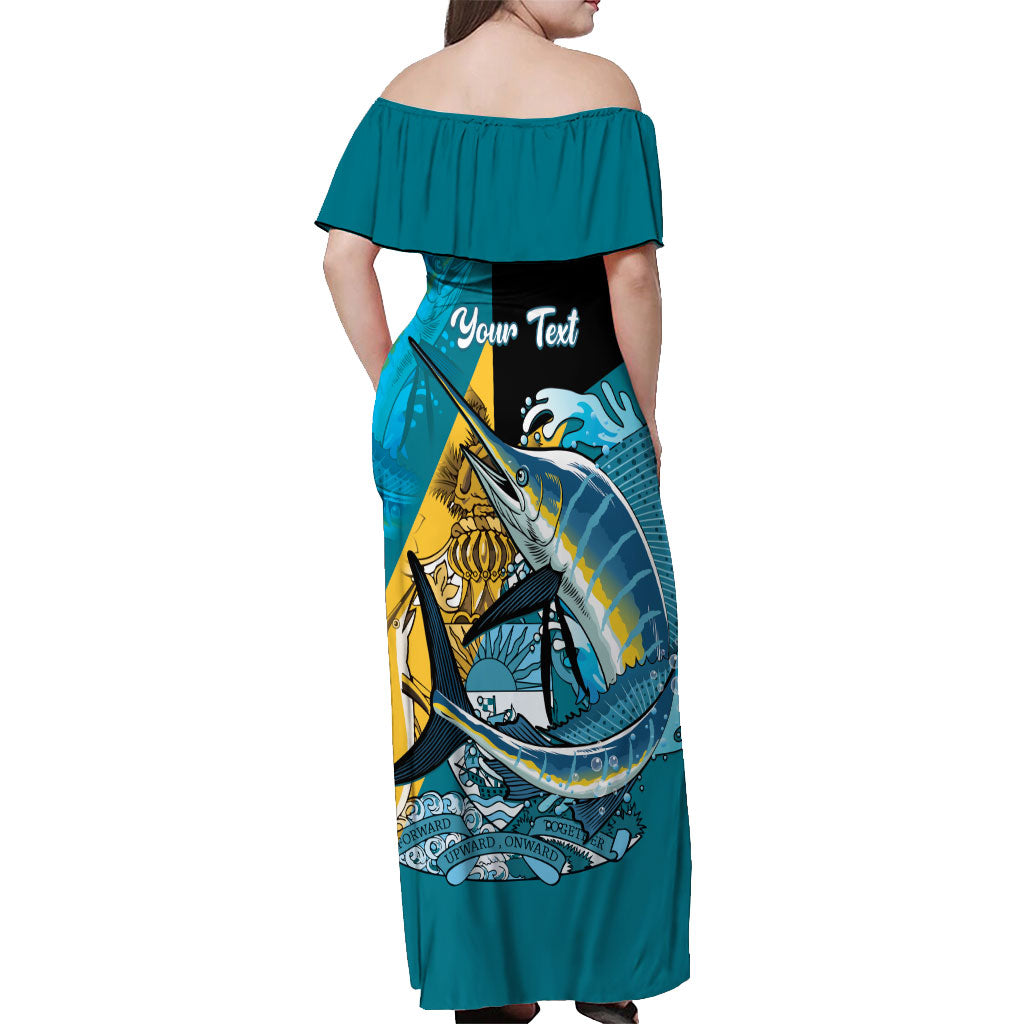 Personalized Bahamas Independence Day Off Shoulder Maxi Dress Happy 10 July Blue Marlin Coat Of Arms