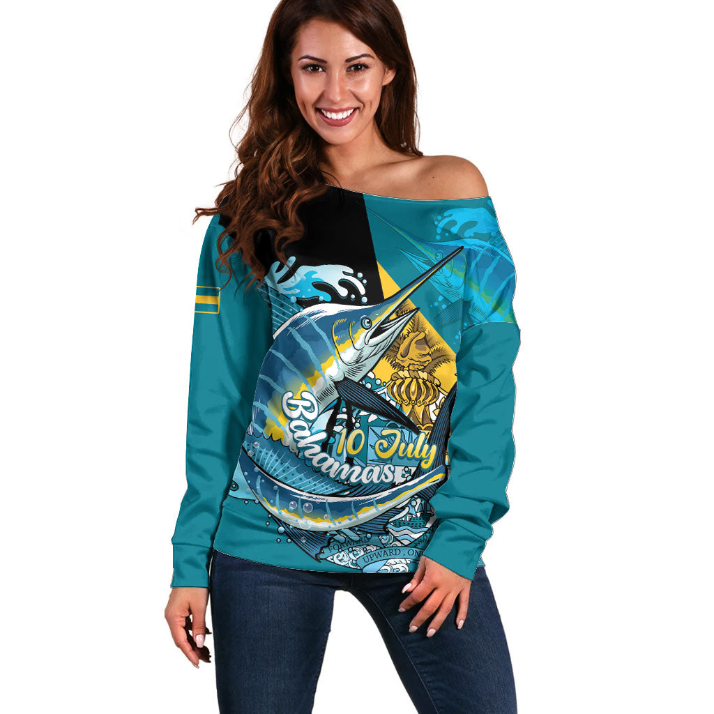 Personalized Bahamas Independence Day Off Shoulder Sweater Happy 10 July Blue Marlin Coat Of Arms