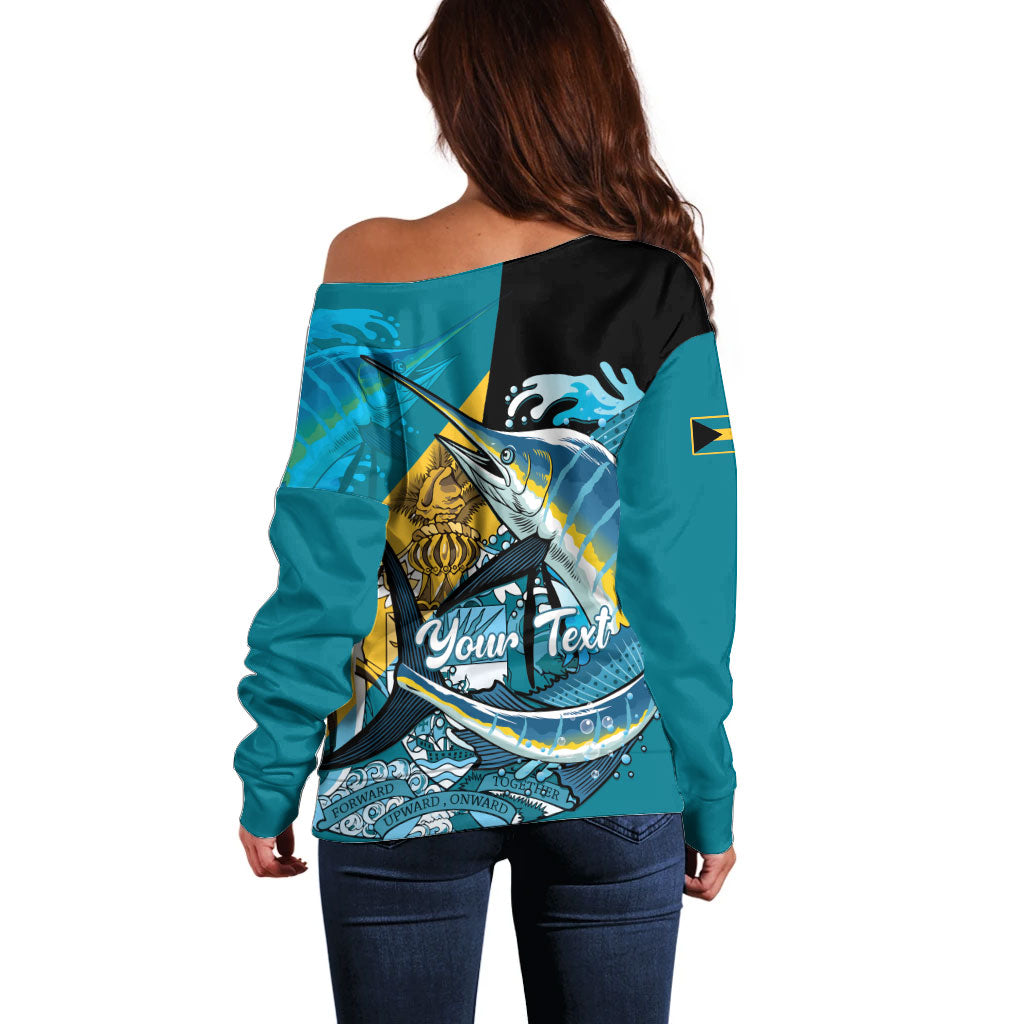 Personalized Bahamas Independence Day Off Shoulder Sweater Happy 10 July Blue Marlin Coat Of Arms