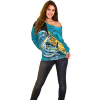 Personalized Bahamas Independence Day Off Shoulder Sweater Happy 10 July Blue Marlin Coat Of Arms