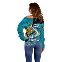 Personalized Bahamas Independence Day Off Shoulder Sweater Happy 10 July Blue Marlin Coat Of Arms