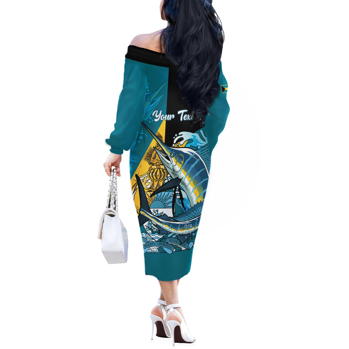 Personalized Bahamas Independence Day Off The Shoulder Long Sleeve Dress Happy 10 July Blue Marlin Coat Of Arms