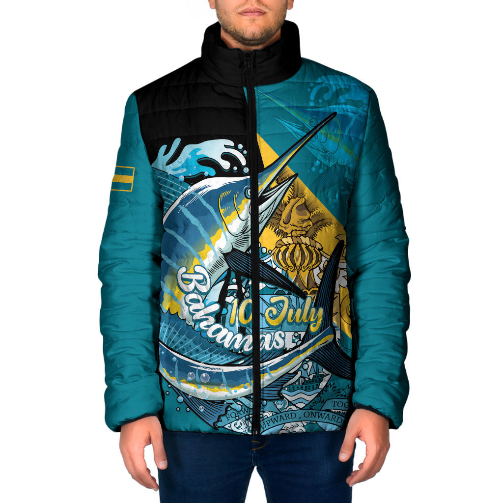 Personalized Bahamas Independence Day Padded Jacket Happy 10 July Blue Marlin Coat Of Arms