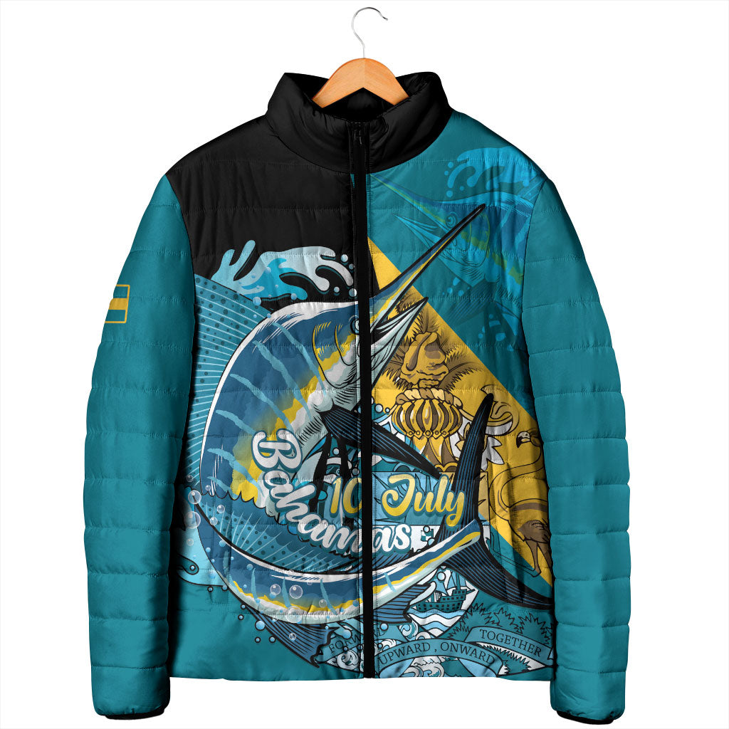 Personalized Bahamas Independence Day Padded Jacket Happy 10 July Blue Marlin Coat Of Arms